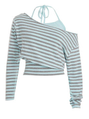 Blue Striped 3 Piece Halter Cami Top And Long Sleeve Overall And Shorts Set