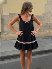Bow Tie Sleeveless Trim Babydoll Mini Dress
