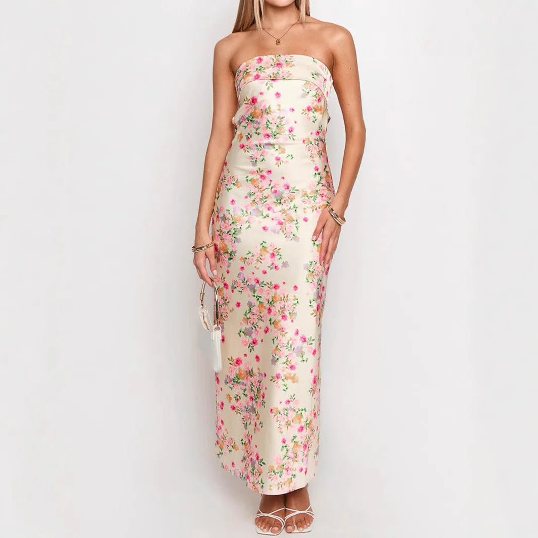 Woman wearing a strapless floral dress
