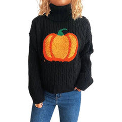 Halloween Pumpkin Embroidery Turtleneck Sweater