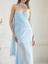 Blue Strapless Sheer Scraf Maxi Dress