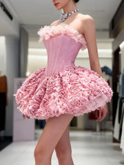 3d Flower Flare Fringe Neck Corset Mini Dress