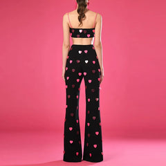 Heart Applique Chain Crop Top And High Waist Pants Set