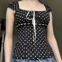 Polka Dot Short Sleeve Tie Up Top