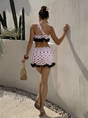 Pink Ruffled Hem Polka Dot Crop Top And Ruched Mini Skirt Set