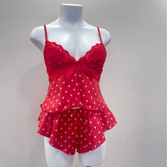 Red Cami Polka Dot Satin Cami Crop Top And Ruffle Shorts Set