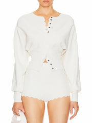 Two Piece O Neck Lantern Sleeve Cardigan And Shorts Set