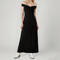 Dotted Off Shoulder Wrap Around Open Back Long Dress