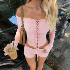 Off Shoulder Ribbed Lace Up Long Sleeve Crop Top And Shorts Set