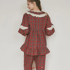 Gingham Long Sleeve Babydoll Top and Wide Leg Pants Lounge Set