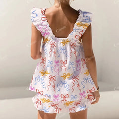 Bow Print Ruffled Trim Sleeveless Top and Shorts Lounge Wear Set