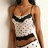 White Lace Patchwork Polka Dot Print Spaghetti Strap Mesh Tank Top