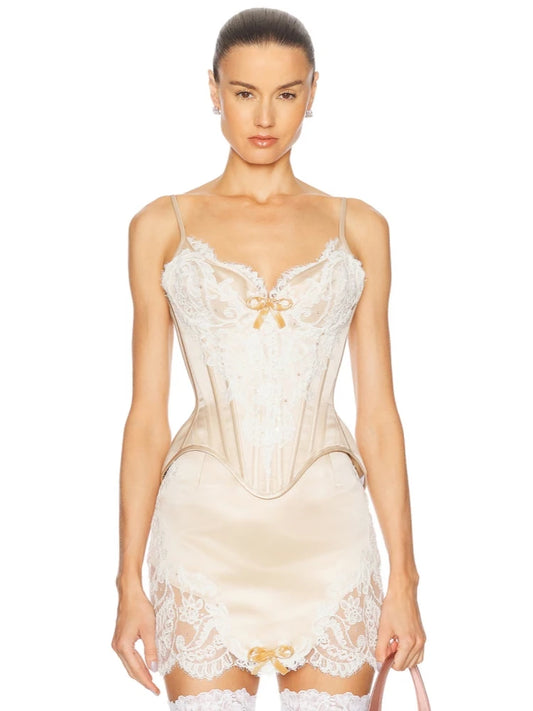 Satin Lace Patchwork V-Neck Top And Mini Skirt Set