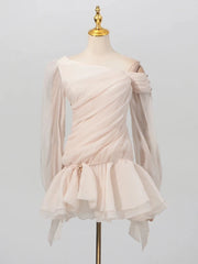 Apricot Ruffles Diagonal Long Sleeve Mini Dress