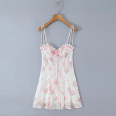 Pink Floral Bow Mesh Cami Mini Dress