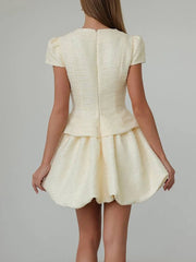 Beige Tweed Short Sleeve Top And Puff Mini Skirt Set