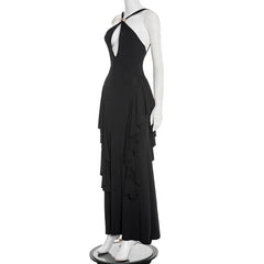 Halter Hollow Out Frill Ruched Maxi Dress