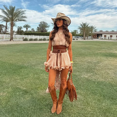 Pink Halter Ruffles Top And Mini Skirt Set