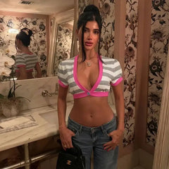 Striped Short Sleeve Deep V-Neck Crop Top