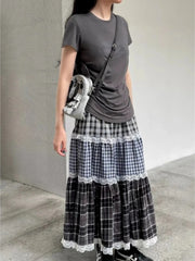 Women's patchwork lace plaid high waist long skirt with A-line silhouette.