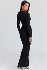 Black Long Sleeve Waist Patchwork Maxi Dress