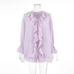 Ruffle Tie Up Shirt And Shorts Two Piece Set