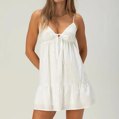 Spaghetti Strap Babydoll Tied V-Neck Mini Dress
