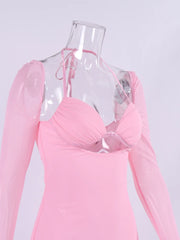 Pink Long Sleeve Mesh Bralette Tie Up Mini Dress