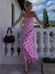 Pink Polka Dot Spaghetti Strap Lace-up Long Dress