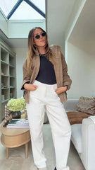 Brown Suede Zipper Cropped Jacket