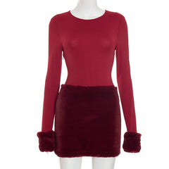 Long Sleeve Faux Fur Patchwork Mini Dress