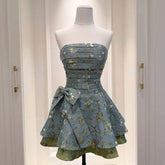 Blue Floral Folds Strapless Mini Dress