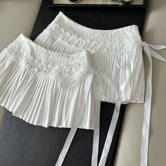 White Pleated Embroidered Bow Mini Skirt