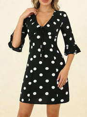 Black Polka Dot Print Three Quarter Sleeves Mini Dress