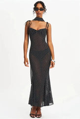 Black Polka Dot Sweetheart Neck Spaghetti Strap Scarf Maxi Dress