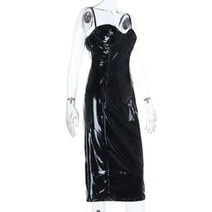 PU Leather Spaghetti Strap Midi Dress