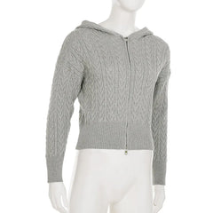 Grey Knitted Zipper Hooded Jacket And Wide Leg Pants Set