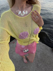Knit Sheer Shell Embroidered Long Sleeve Round Neck Top