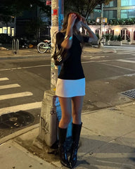 Black And White Contrast High Neck Mini Dress