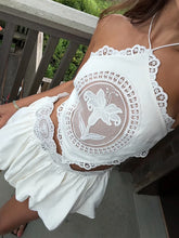 White Doily Lace Neck Tie-Up Top And Mini Bubble Skirt Set