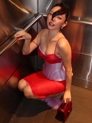 Purple Corset Fake Layer Bra Vest And Irregular Hem Red Skirt Set