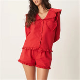 Red Ruffled Trim Button Down Long Sleeve Top and Shorts Lounge Wear Set