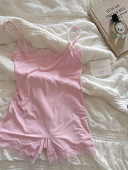 Lace Trim Elasticity Adjustable Strap Lounge Onesie