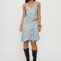 Blue Striped Sleeveless Halter Neck Tank Tops And Asymmetric Midi Skirt Set