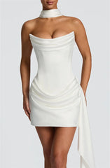 White strapless dress with a high neckline