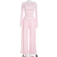 Long Sleeve Crop Top And Drawstring Wide Leg Pants Set