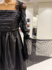 Black Satin Sheer Long Polka Dot Sleeves Mini Dress