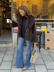 Faux Fur Plush Lapel Brown Jacket