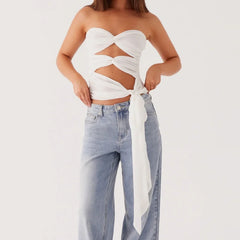 Women's edgy black strapless cutout crop top.