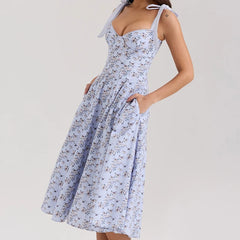 Blue Printed Midi Tie Up Dress